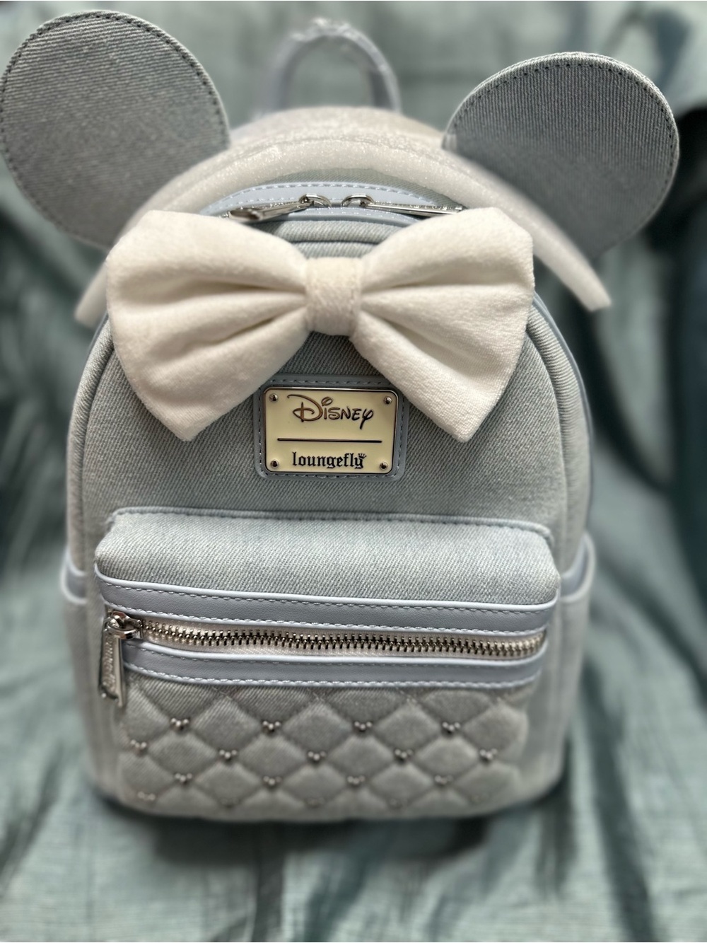 Loungefly Disney Minnie Mouse Denim Light Blue Quilted Mini Backpack